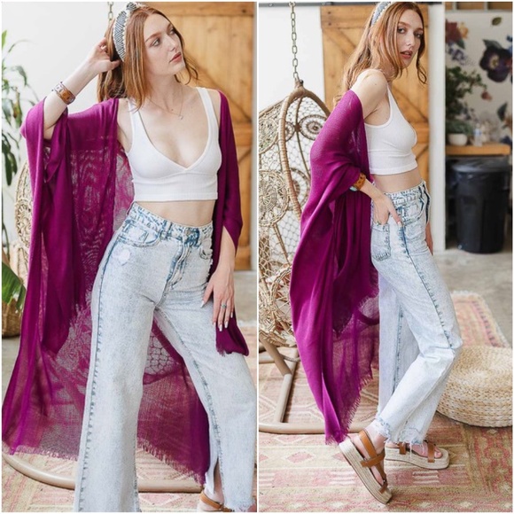 029 Boho Magenta High Low Frayed Hem Kimono - Picture 2 of 2